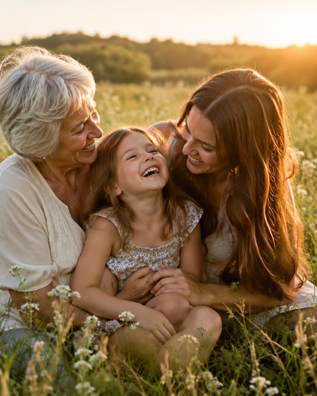 Three generations laughing together in a meadow
