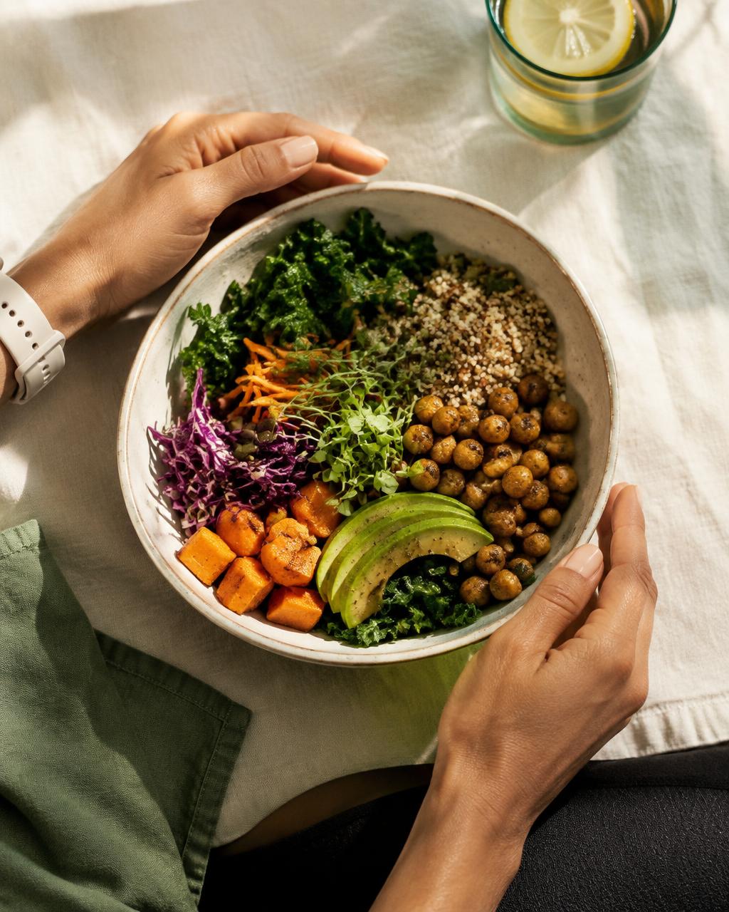 Hands holding a balanced whole-food bowl