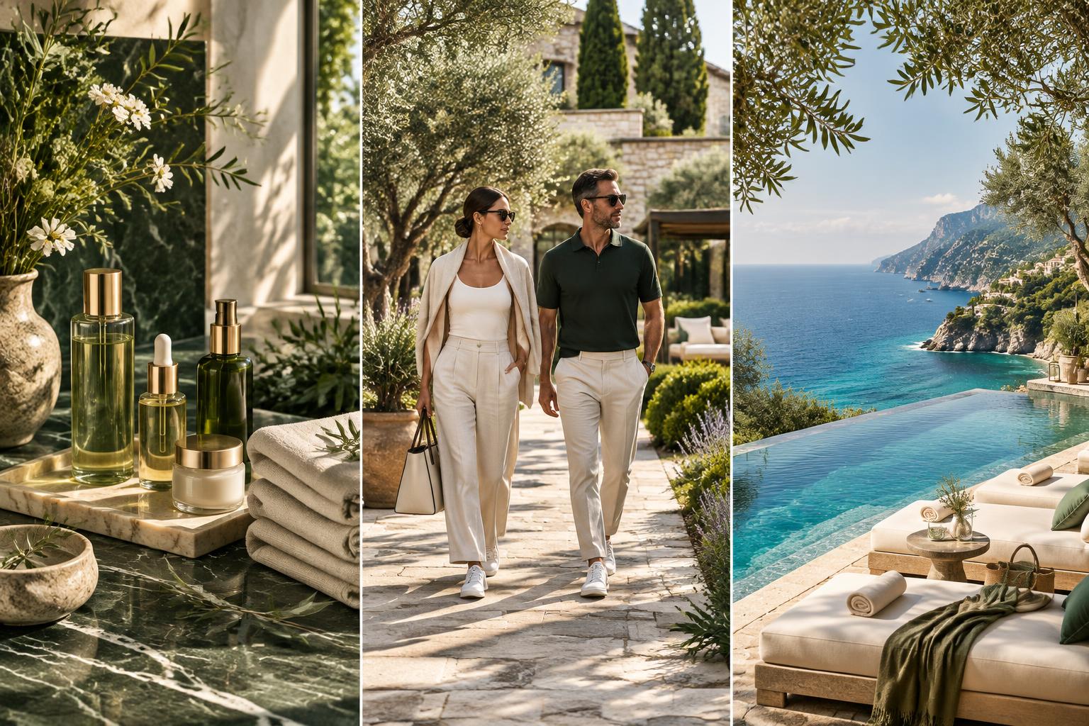 Illustrative luxury collage of a curated wellness collection, concierge lifestyle and a coastal travel retreat