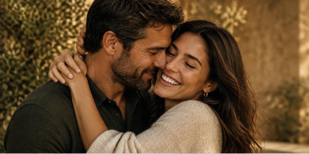 A clothed adult couple embracing in warm light