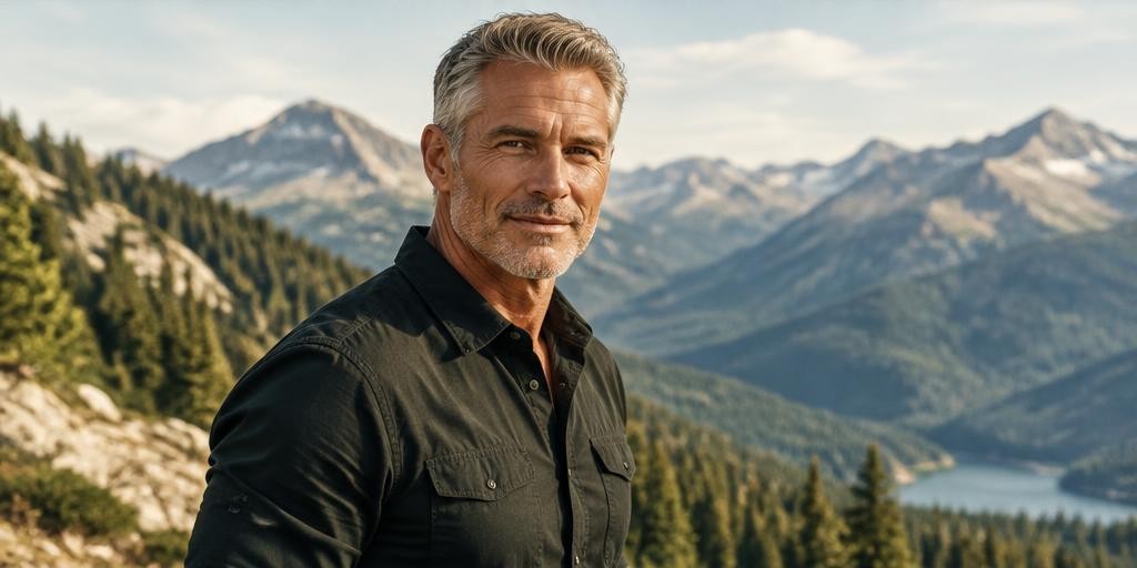 A silver-haired man outdoors against a mountain landscape