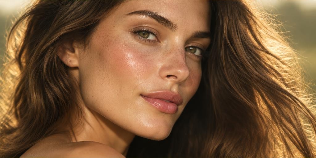 Close-up of naturally textured skin and flowing brown hair