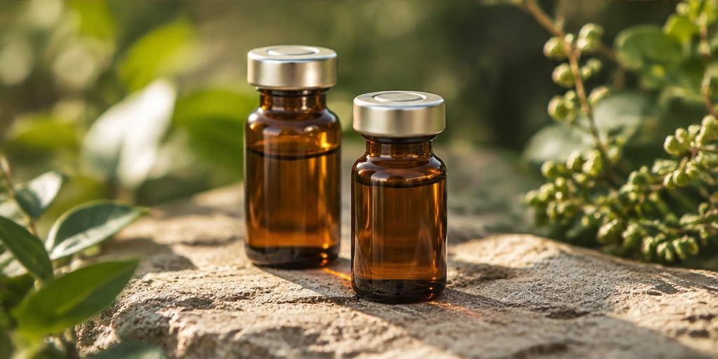 Illustrative unbranded amber pharmaceutical vials on stone