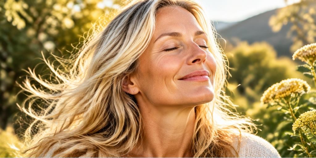 A blonde woman smiling gently in outdoor sunlight