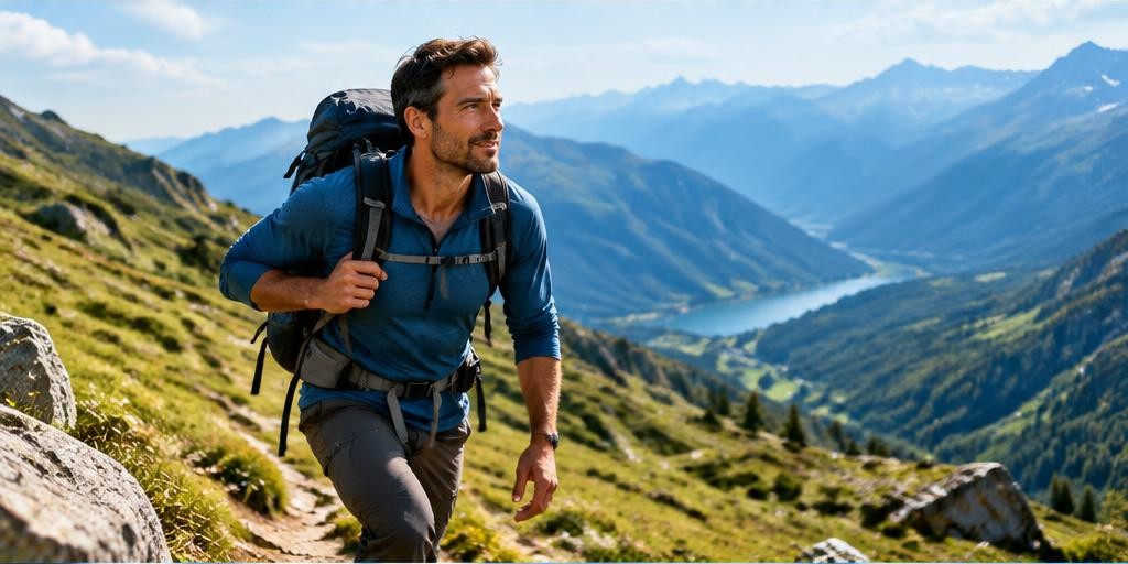 A hiker with a backpack in a green alpine valley