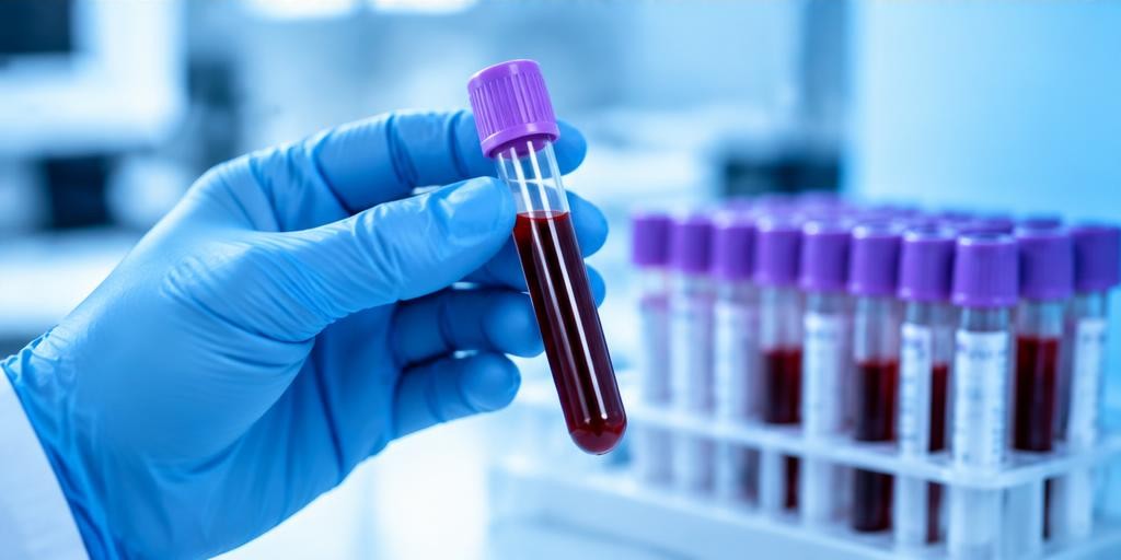 Blue-gloved hand holding a purple-capped blood collection tube