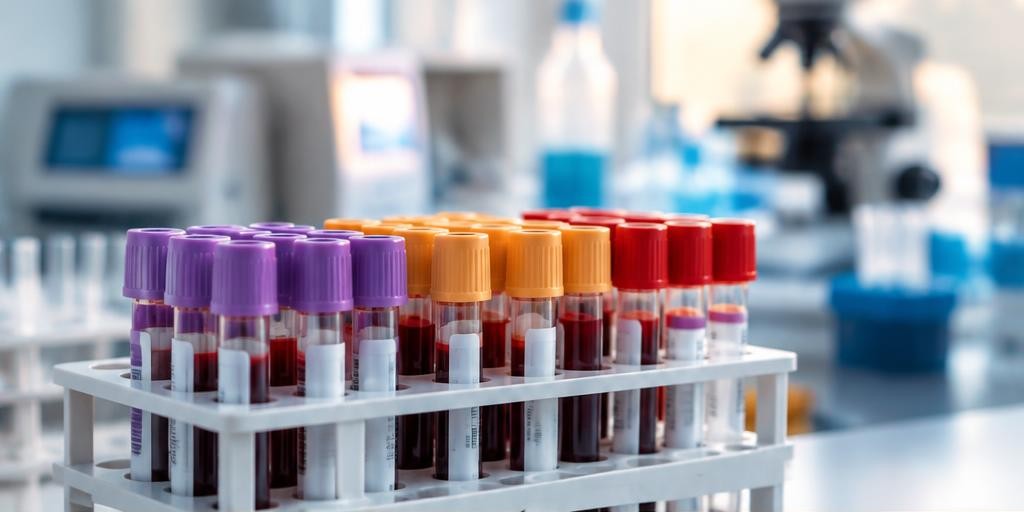 Blood collection tubes arranged in a clinical rack