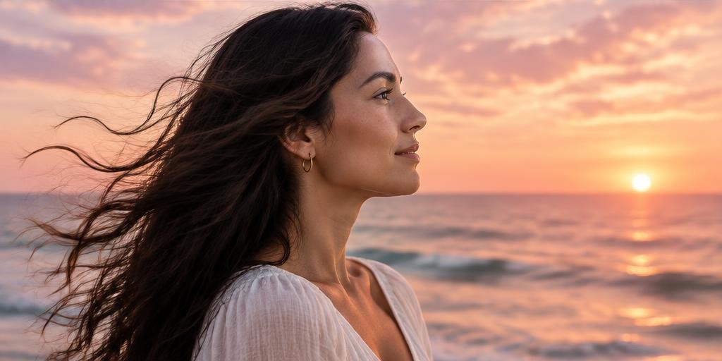 A dark-haired woman in profile by the ocean at sunset
