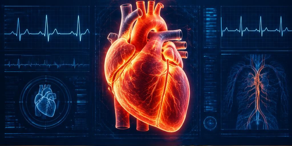 Illustrative anatomical heart with diagnostic graphics