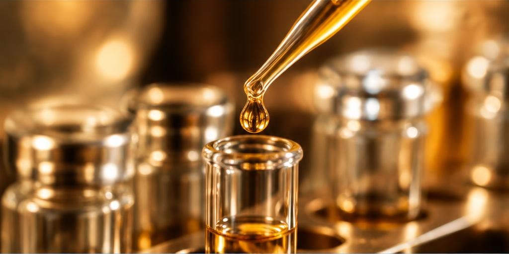 Laboratory pipette dispensing a golden droplet into a sample tube