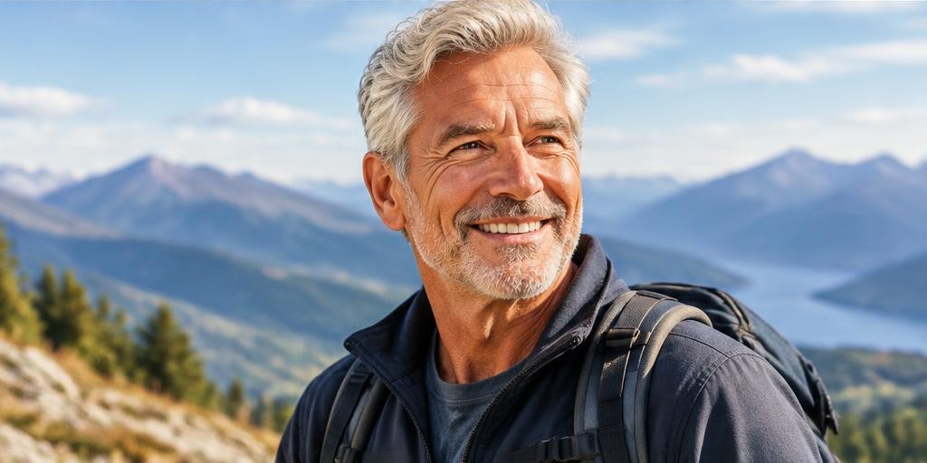 A silver-haired man smiling outdoors with mountains behind him