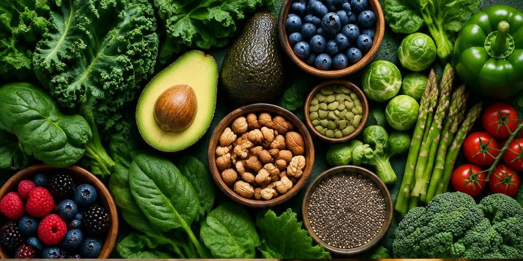 An overhead arrangement of greens, avocado, berries, nuts and seeds