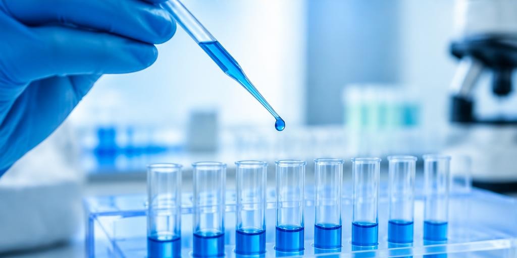 Blue-gloved hand holding a pipette over transparent sample tubes
