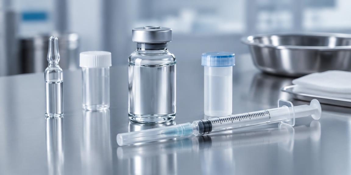 Illustrative pharmaceutical vial and unused syringe on a clinical surface