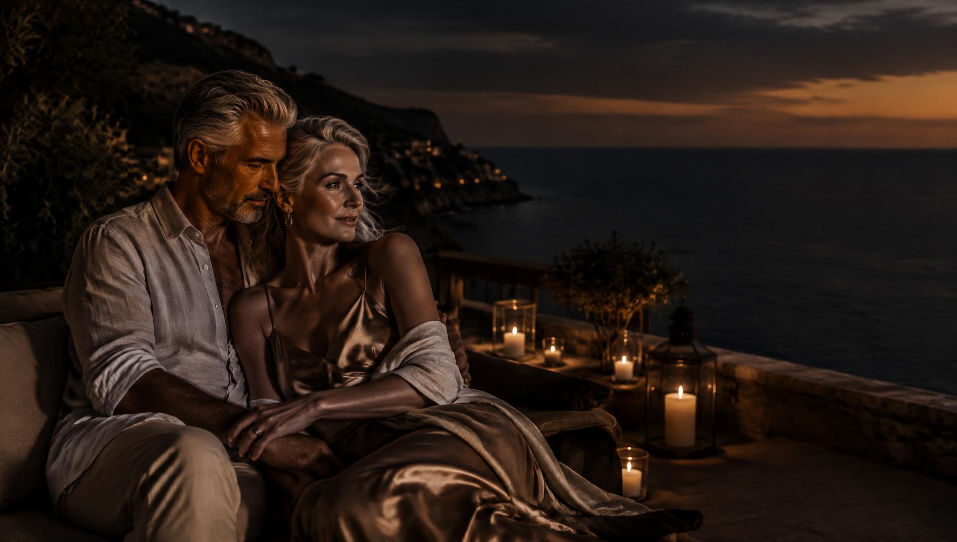 An elegant couple embracing on a candlelit terrace overlooking the sea at dusk