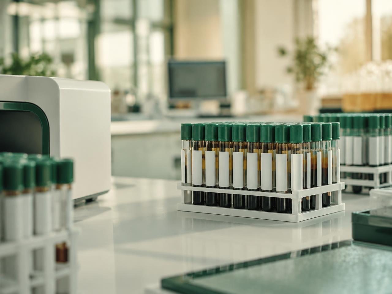 Capped sample tubes in a modern laboratory
